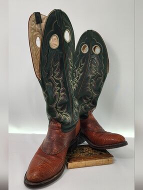 Green Embroidered Tall Western Cowboy Boots with Brown Leather Foot